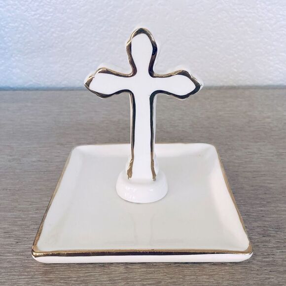 Christian Cross Ceramic Jewelry Trinket Tray - Picture 1 of 3